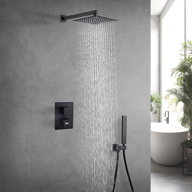 Комплект смесителя на раковину и душевой системы с термостатом черного цвета Nett UB-51 + TSB-473