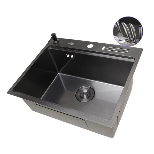 Уцененная мойка для кухни черная из нержавейки с PVD покрытием многофункциональная Nett NB-5747 фото