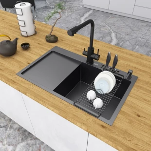 Чорна раковина на кухню з лівим крилом із PVD покриттям Nett NB-7848(L) фото
