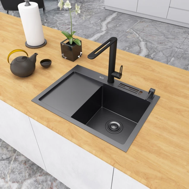 Чорна раковина на кухню з лівим крилом Nett NB-6045(L) фото