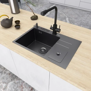 Чорна кухонна мийка з нержавійки з вбудованим смітником Nett NBM-7047 фото