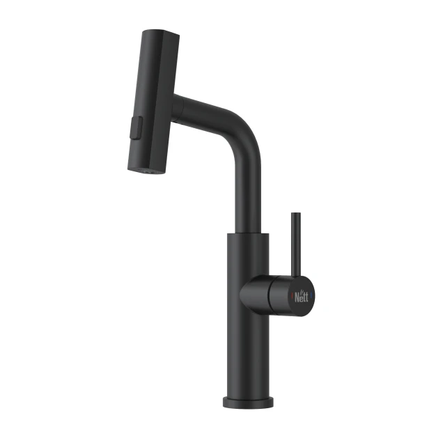 Смеситель на кухню водопад с выдвижной лейкой черный Nett LB-35 фото