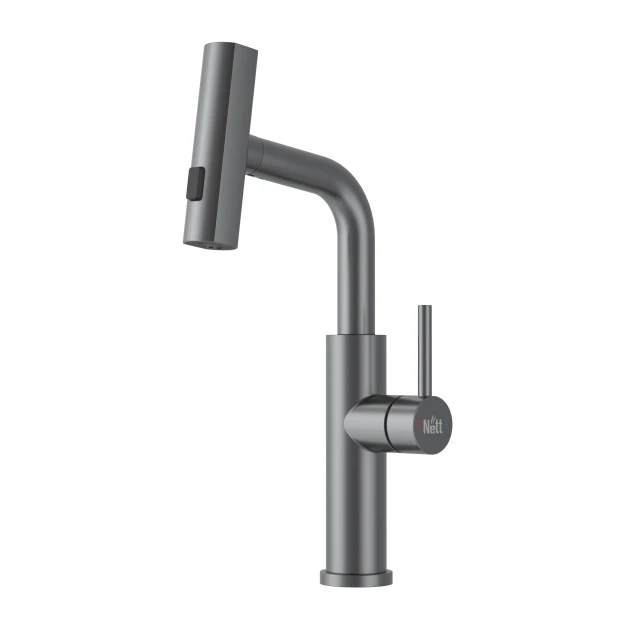 Смеситель на кухню водопад с выдвижной лейкой графит Nett LGr-35 фото