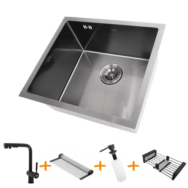 Комплект чорної мийки на кухню та змішувача з нержавіючої сталі NB-5045 фото