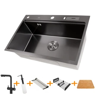 Комплект чорної мийки на кухню та змішувача з нержавіючої сталі NB-7048 фото