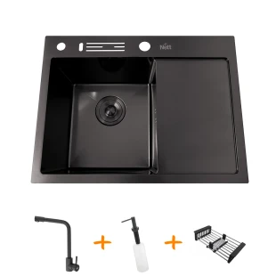Комплект чорної кухонної мийки та змішувача з нержавіючої сталі NB-6045 фото