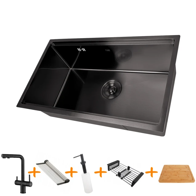 Комплект чорної мийки на кухню та змішувача з нержавіючої сталі NB-7042 фото