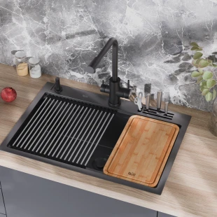 Чорна кухонна мийка з нержавійки 1.5 мм багатофункціональна Nett NB-7048 фото
