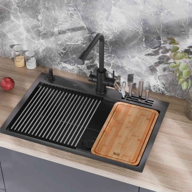 Чорна кухонна мийка з нержавійки 1.5 мм багатофункціональна Nett NB-7048 фото