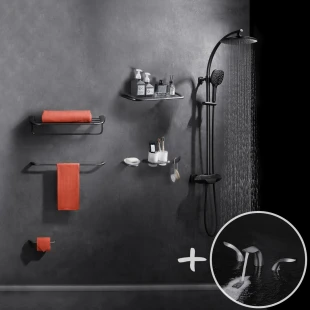 Комплект графитовая душевая система с термостатом наружного монтажа Nett PSr-88 + смеситель и аксессуары фото