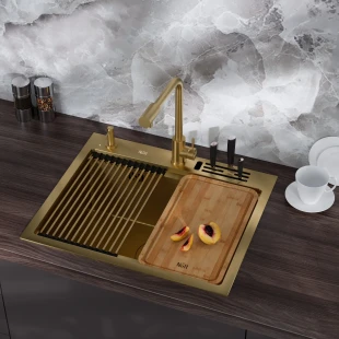 Уцінена кухонна мийка золота з нержавійки 1.5 мм багатофункціональна Nett NG-5747 фото