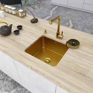 Уцінена золота мийка для кухні з нержавійки 45 см в стільницю Nett NG-4643 фото