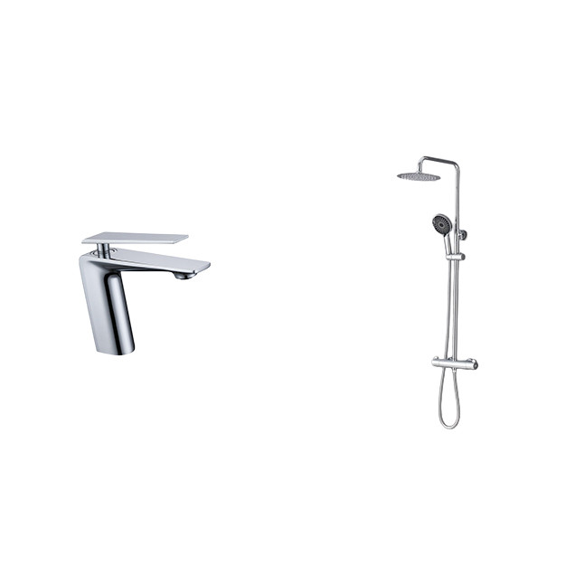 Комплект смесителя в ванную комнату для умывальника хром и душевой системы с термостатом Nett ZH-33 + SSH-24 фото