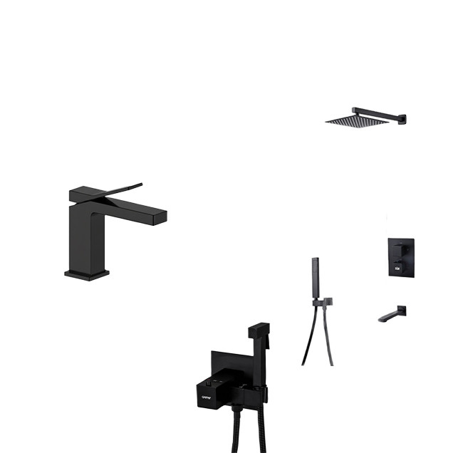 Комплект чорного змішувача на раковину, душової системи та гігієнічного душа Nett UB-51 + TSB-521 + Gappo G7207-60 фото