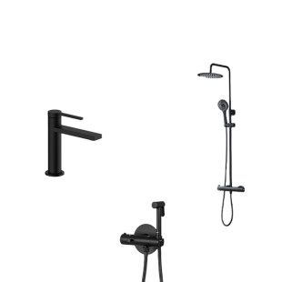 Комплект чорної душової системи з термостатом, змішувача на умивальник та гігієнічного душа Nett SSB-24 + VB-22 + Gappo G7290-6 фото
