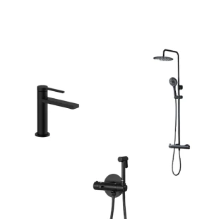 Комплект чорної душової системи з термостатом, змішувача на умивальник та гігієнічного душа Nett SSB-24 + VB-22 + Gappo G7290-6 фото