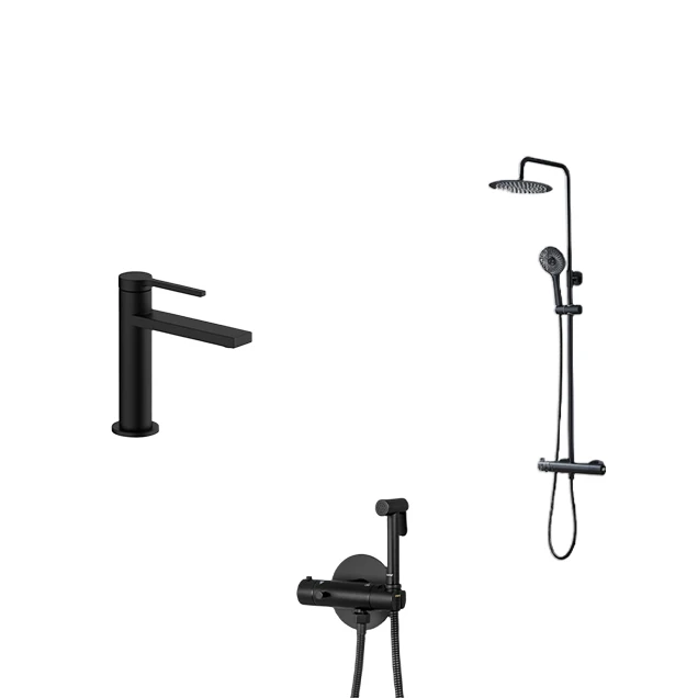 Комплект черной душевой системы с термостатом, смесителя на умывальник и гигиенического душа Nett SSB-24 + VB-22 + Gappo G7290-6 фото